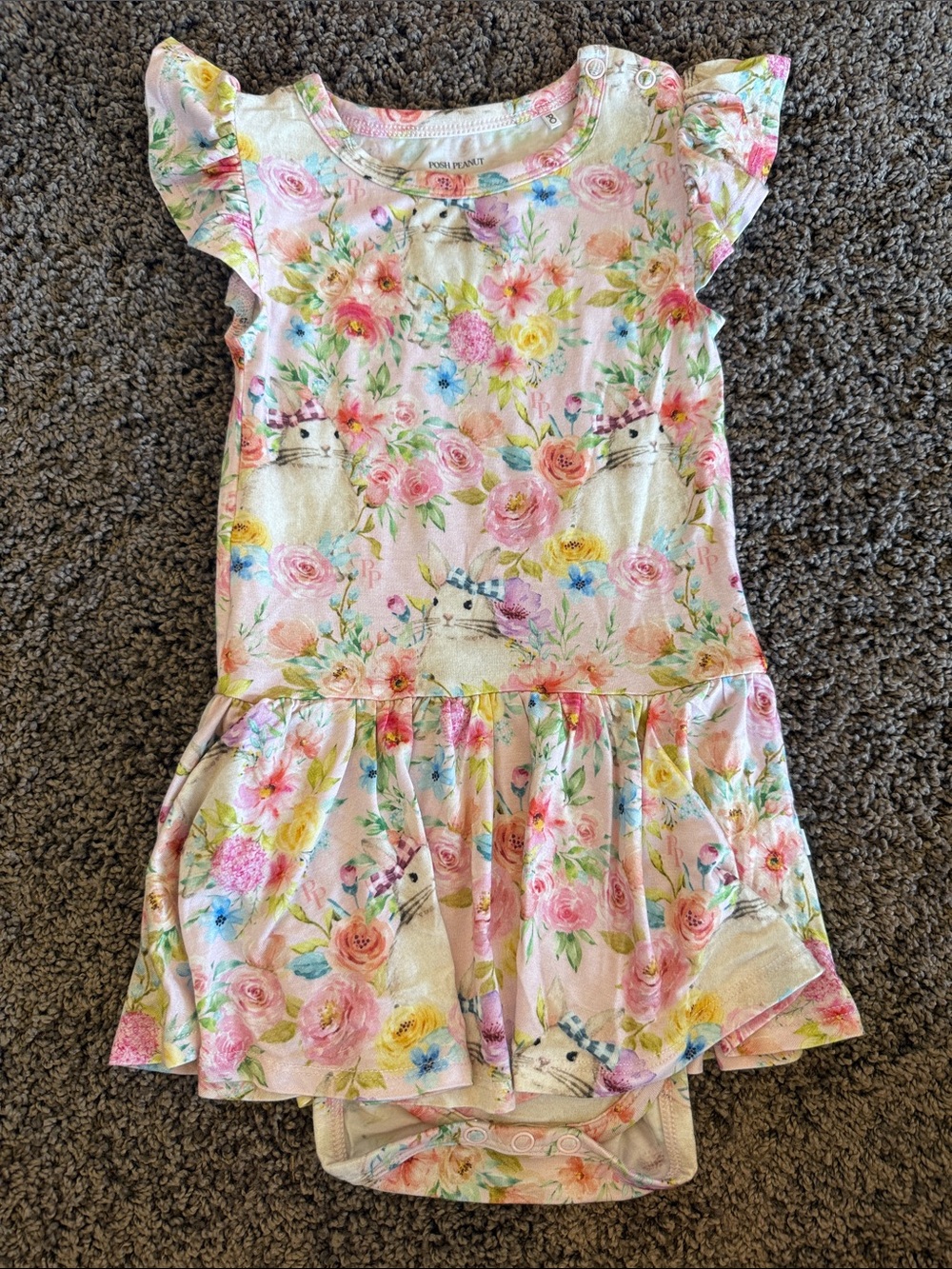 NWOT POSH PEANUT ruffled twirl bodysuit dress in bunny rabbit florals - 2T